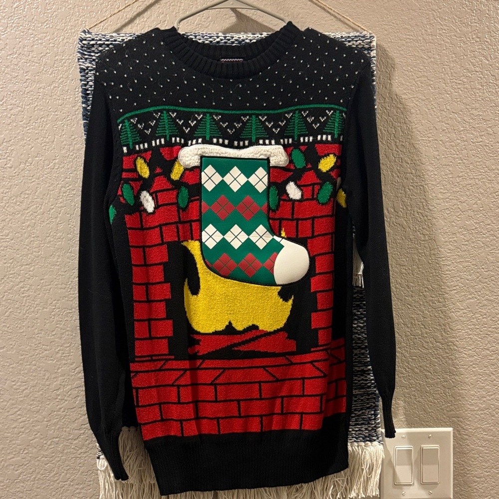 Festive Ugly Christmas Sweater with Colorful Stocking Pocket
